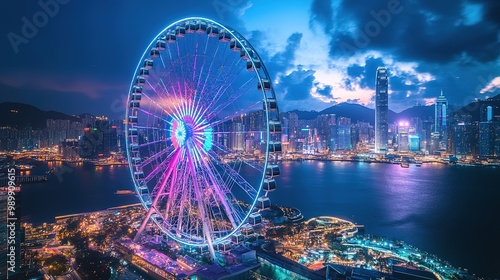 A stunning image of a giant Ferris wheel towering over the city, adorned with dazzling colorful lights that reflect off nearby buildings. 