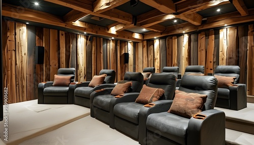 Inviting home theater adorned with plush seating and rustic wooden beams, ideal for unforgettable movie nights with friends and family.