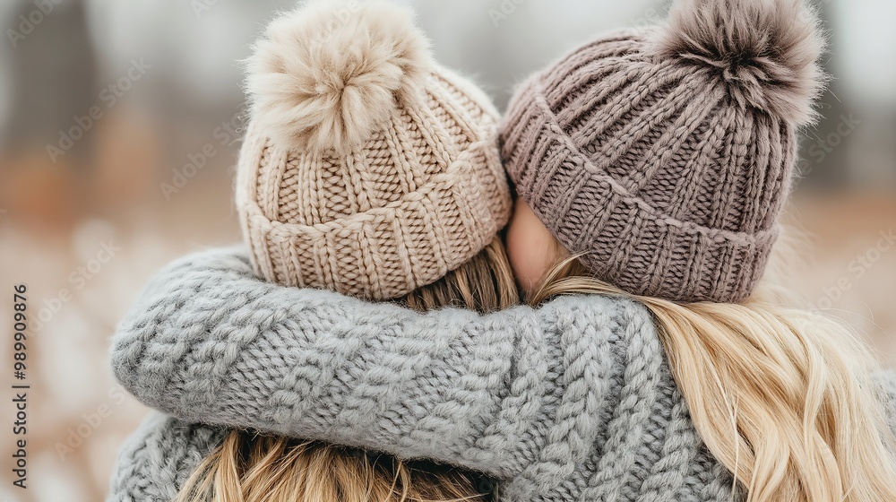 two women hugging wintery park cute hats candy coated knitted hat tale twin sisters comfort posse shaggy hair two women hugging wintery park cute hats candy coated knitted hat tale twin sisters comfort posse shaggy hair