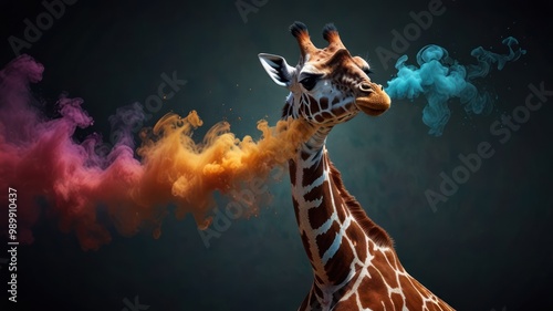 Giraffe Exhaling Colorful Smoke