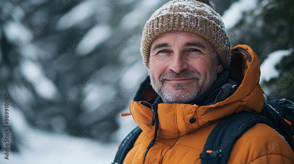happy mature man in a winter outdoor setting, captured in a scenic mountain and forest landscape with crisp air and serene snow-covered wilderness happy mature man in a winter outdoor setting, captured in a scenic mountain and forest landscape with crisp air and serene snow-covered wilderness