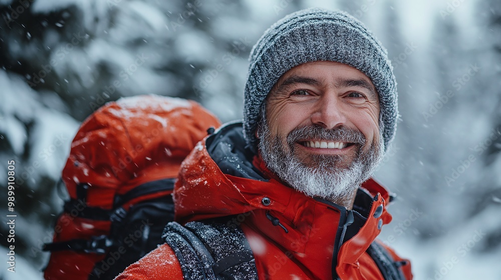 happy mature man in a winter outdoor setting, captured in a scenic mountain and forest landscape with crisp air and serene snow-covered wilderness happy mature man in a winter outdoor setting, captured in a scenic mountain and forest landscape with crisp air and serene snow-covered wilderness