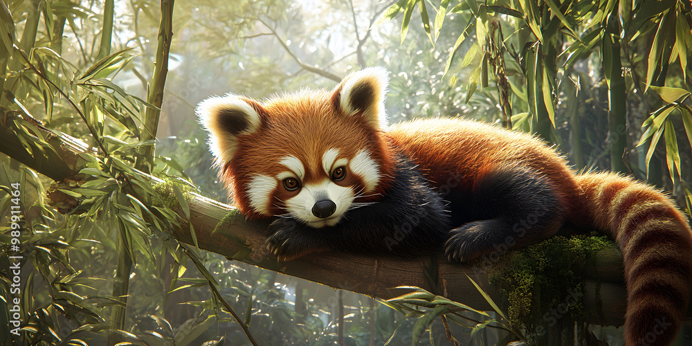 Obraz premium Vibrant red panda resting in bamboo forest