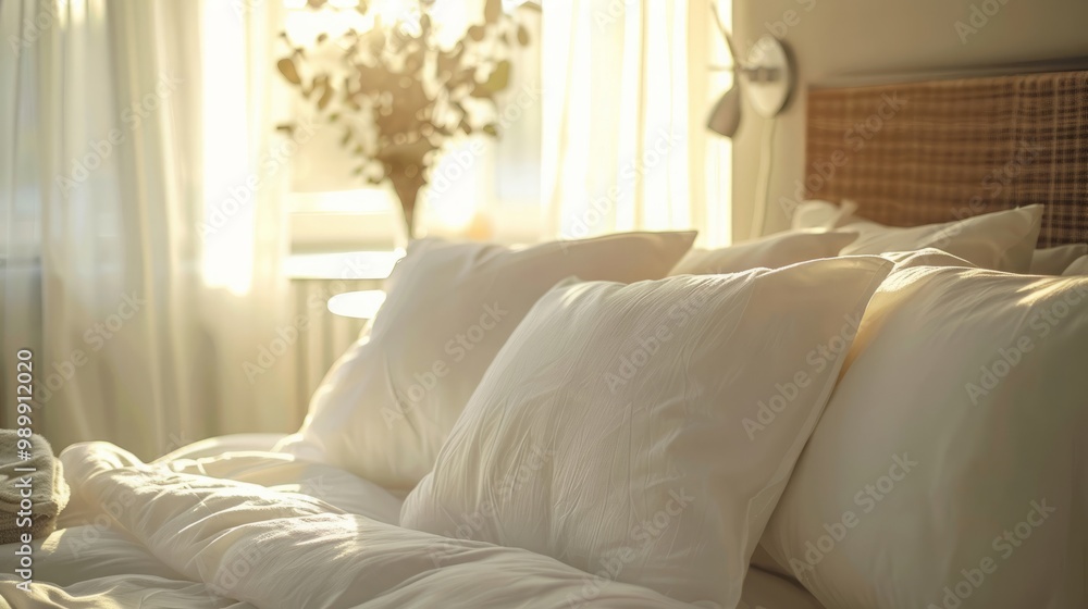 Beautiful white pillow on bed decoration in bedroom interior - Filter effect Beautiful white pillow on bed decoration in bedroom interior - Filter effect