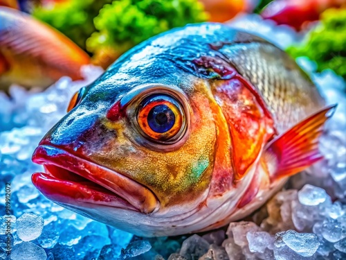 Fresh Hamour Fish on Ice Display at Seafood Market, Showcasing Its Unique Texture and Coloration photo