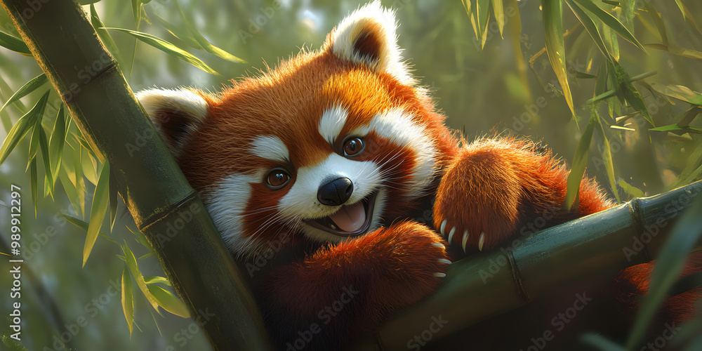 Fototapeta premium Vibrant red panda in serene bamboo setting