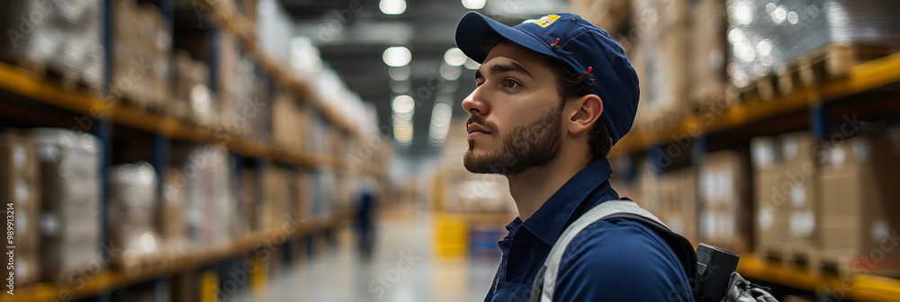 Young warehouse worker in a blue uniform and cap looking towards the left side of the frame. Young warehouse worker in a blue uniform and cap looking towards the left side of the frame.
