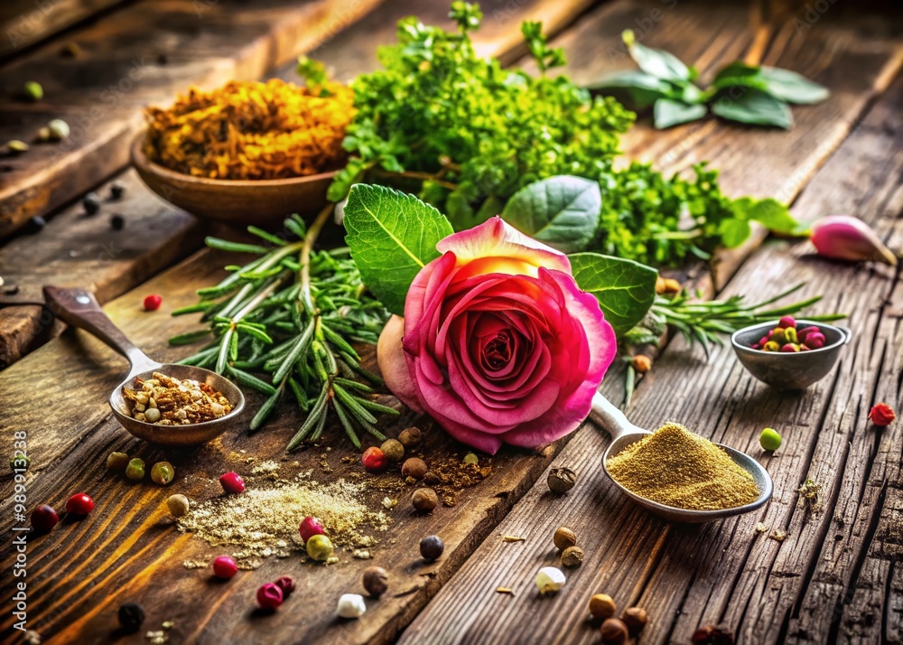 Freshly Ground Herbs with a Rose Flower on a Rustic Wooden Table in a Natural Setting Freshly Ground Herbs with a Rose Flower on a Rustic Wooden Table in a Natural Setting