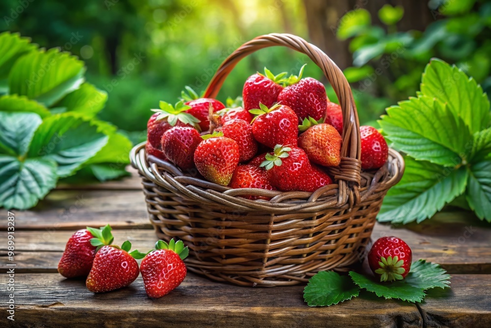 Freshly Picked Red Strawberries in a Rustic Basket on a Wooden Table Surrounded by Green Leaves Freshly Picked Red Strawberries in a Rustic Basket on a Wooden Table Surrounded by Green Leaves