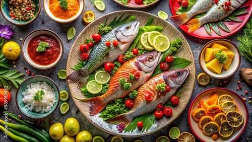 Wallpaper Mural Freshly prepared raw fish dishes served on elegant plates with vibrant garnishes and sauces Torontodigital.ca