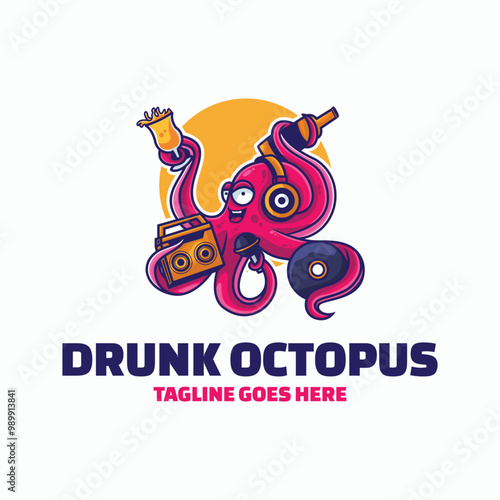 Vector Logo Illustration Drunk Octopus Mascot Cartoon Style