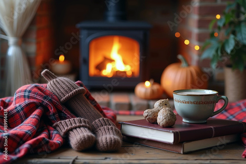 Cozy autumn scene with warm socks, a cup of tea, and pumpkins near a fireplace.