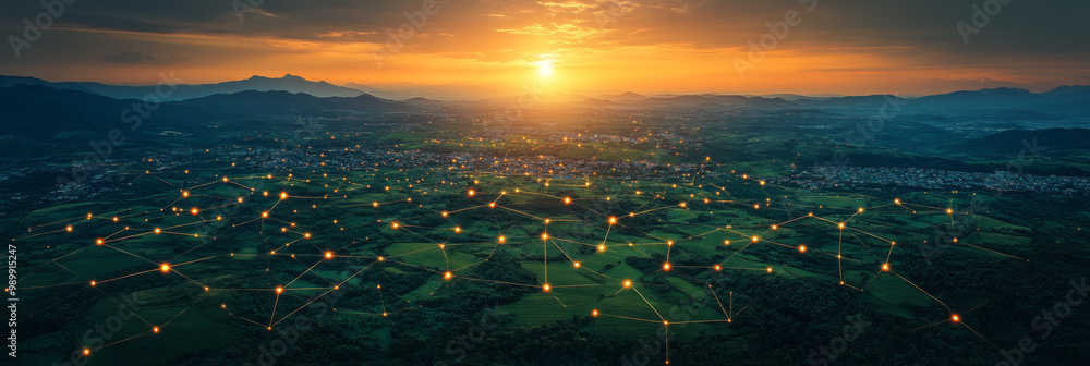 A glowing network connecting a rural town at sunset. A glowing network connecting a rural town at sunset.