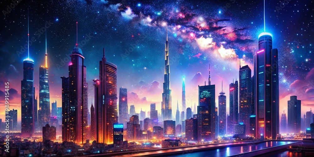 Fototapeta premium Futuristic Cyberpunk Landscape with Neon Lights and Skyscrapers Under a Starry Night Sky
