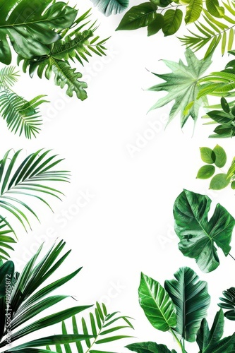 Vibrant green tropical leaves arranged on a white background for a fresh, natural feel.