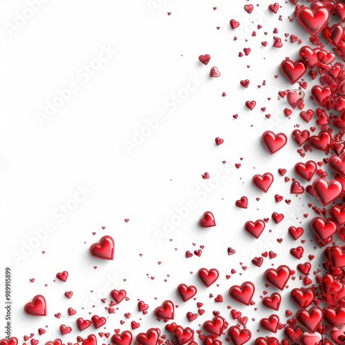 A cascade of red hearts on a white background, perfect for romantic themes and celebrations.