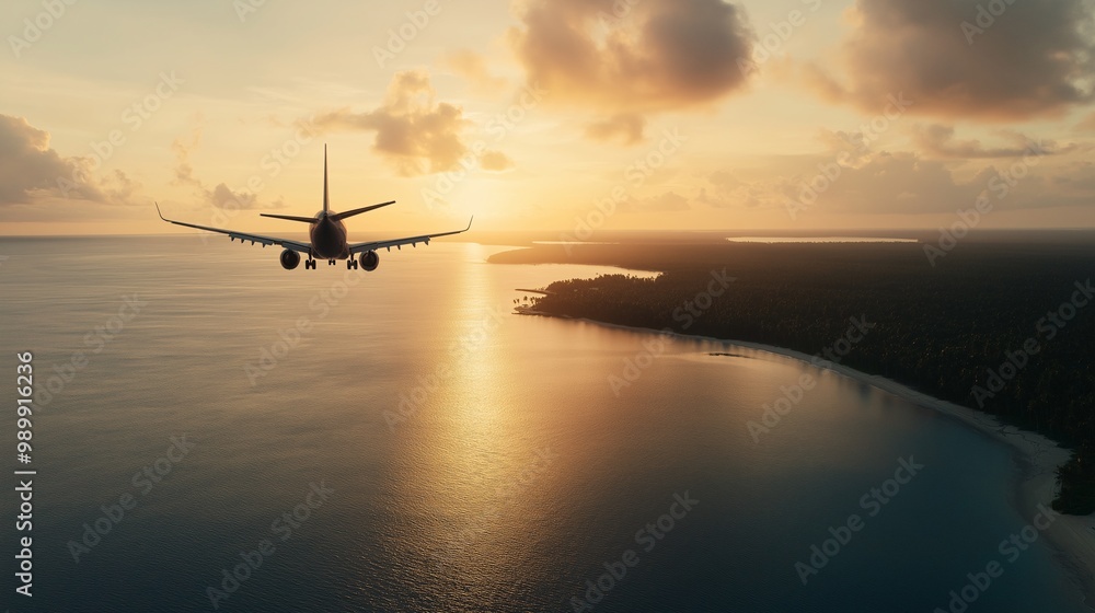 Airplane Flying Over Serene Ocean at Sunset Airplane Flying Over Serene Ocean at Sunset