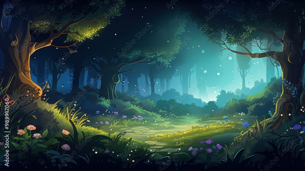 A Mystical Forest Path Lit by Fireflies at Night A Mystical Forest Path Lit by Fireflies at Night