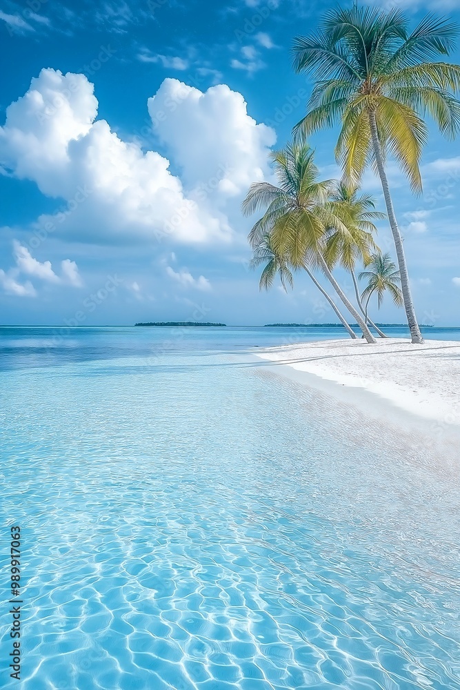 Naklejka premium two palm trees beach body deep white azure blue low professional level borders foamy waves shaded perfect refreshing color