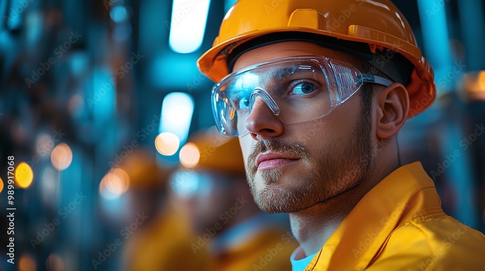 Obraz premium R&D centre featuring engineers in protective glasses engaged in research on alternative energy sources, emphasizing the importance of safety and innovation in technology