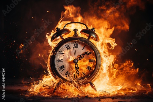 A vintage clock engulfed in flames represents the passage of time in a dramatic and fiery setting