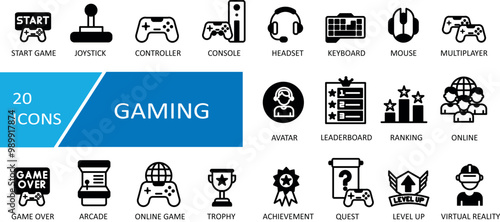 Gaming and Video Games Line Icons. For Mobile and Web. ONLINE, RANKING, ARCADE, VIRTUAL REALITY, LEADERBOARD, AVATAR, MOUSE, KEYBOARD, ONLINE GAME, GAME OVER, LEVEL UP, QUEST, START GAME, JOYSTICK, MU