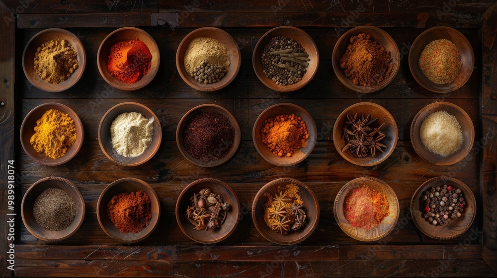 Assortment of Spices in Wooden Bowls Assortment of Spices in Wooden Bowls
