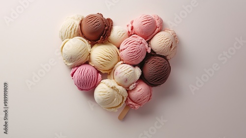 Sweet ice cream scoops are arranged in a heart-shaped arrangement flat lay view