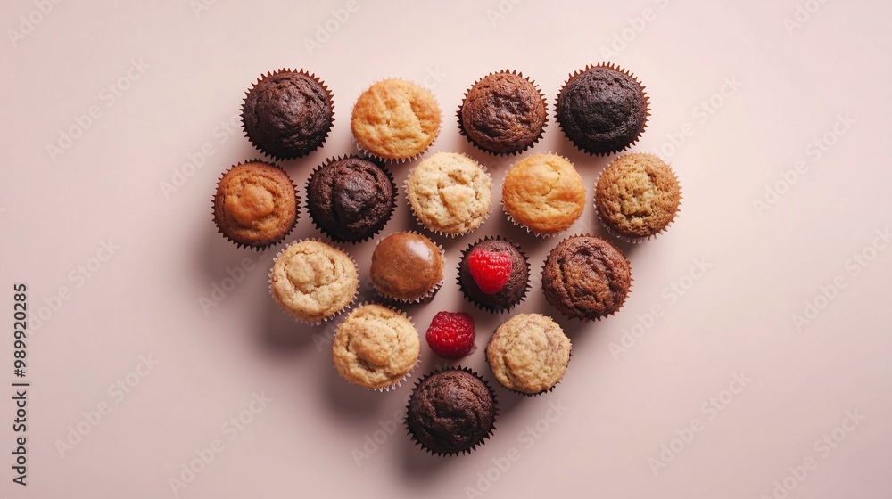 Sweet cupcake cream cake are arranged in a heart-shaped arrangement flat lay view Sweet cupcake cream cake are arranged in a heart-shaped arrangement flat lay view