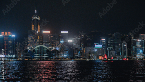 Photography Hong Kong City Skyscraper Buildings and Business Financial District Central, Landmark Harbor View of Hong Kong City Skyline and Skyscrapers Cityscape Downtown at Sunset