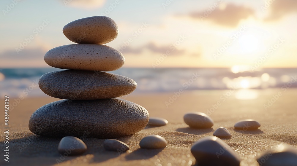 Stack balance Zen red stones on beach sand with sunset sky landscape view Stack balance Zen red stones on beach sand with sunset sky landscape view