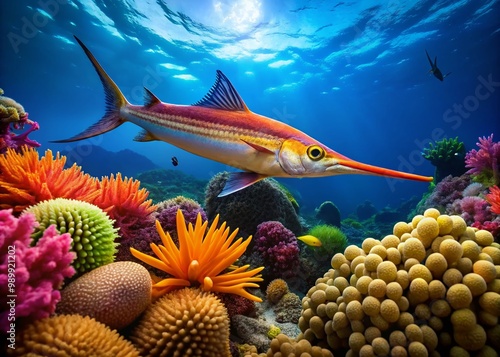 Graceful Snipefish Swimming Through Coral Reefs in Vibrant Underwater Environment of the Ocean photo