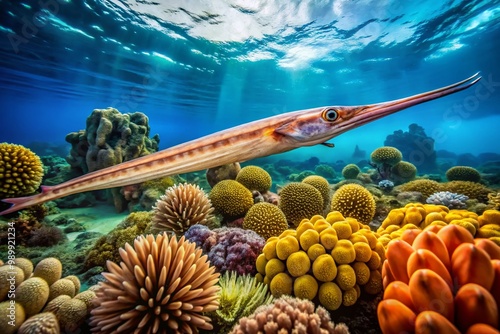 Graceful trumpet fish swimming elegantly among vibrant coral reefs in crystal-clear ocean waters photo