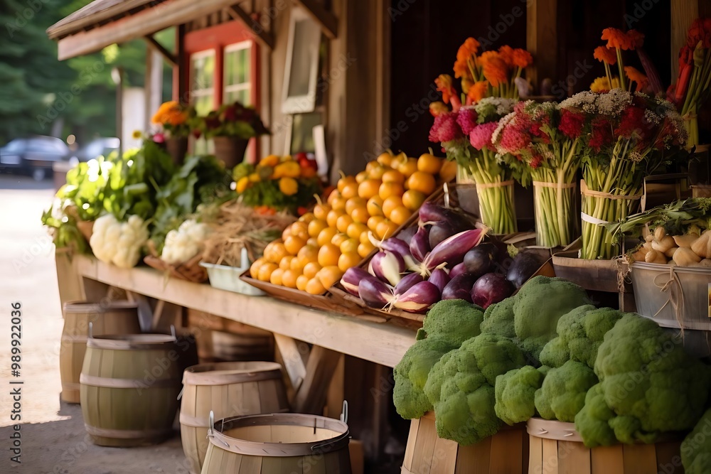 A vibrant display of fresh fruits and vegetables at a market stall. A vibrant display of fresh fruits and vegetables at a market stall.