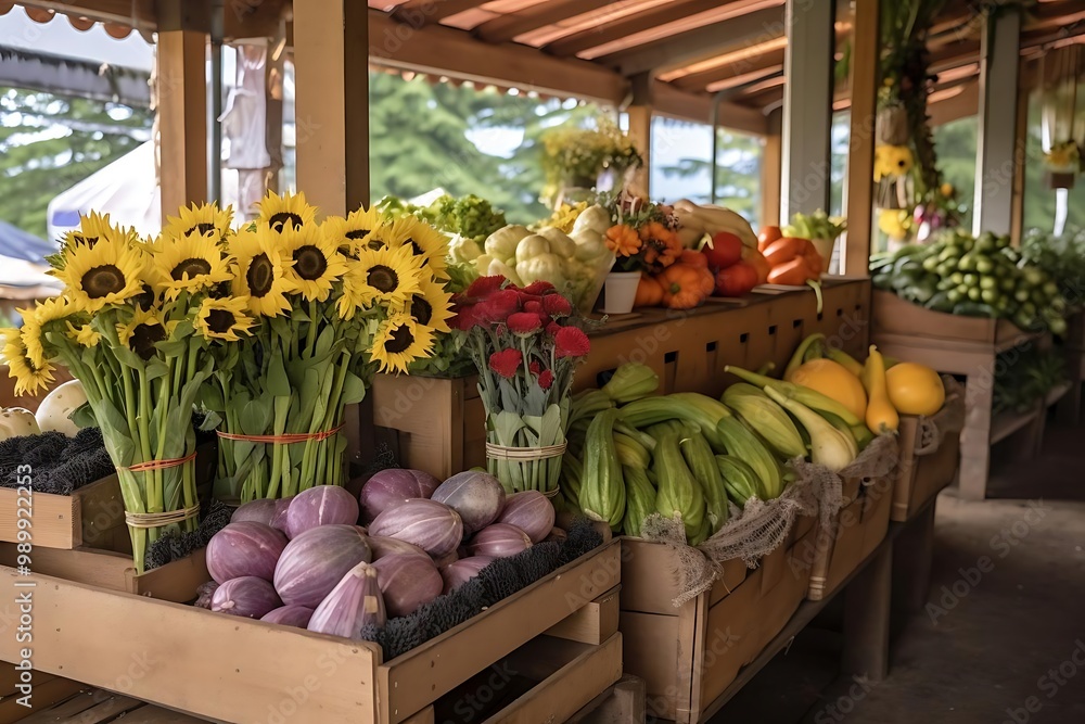 A vibrant market stall filled with fresh vegetables and flowers. A vibrant market stall filled with fresh vegetables and flowers.