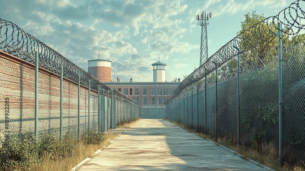 Fototapeta premium urban landscape featuring a prison building and security fence, reflecting on societal views of crime, rehabilitation, and correctional justice