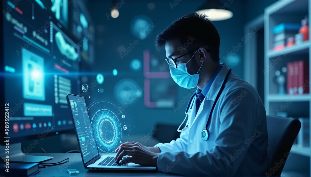 Medical icons glow as the doctor uses a laptop.
Medical icons glow as the doctor uses a laptop.