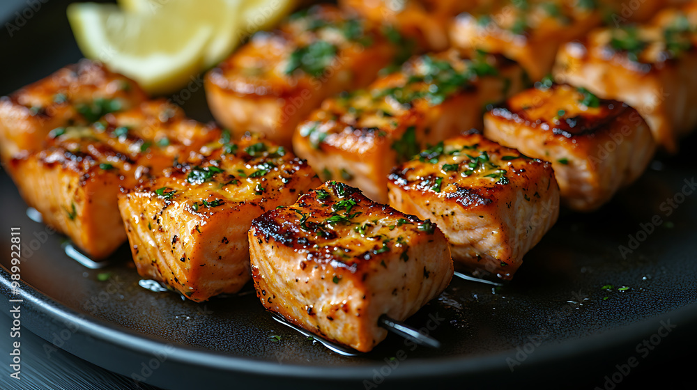 A plate of grilled salmon skewers with a citrus glaze, served with lemon wedges