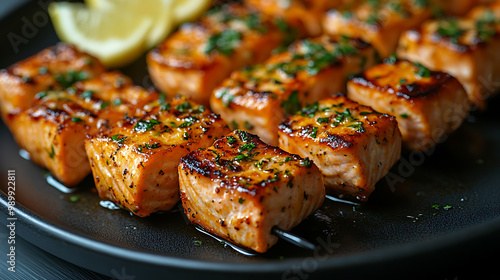 Obraz na płótnie A plate of grilled salmon skewers with a citrus glaze, served with lemon wedges w salonie