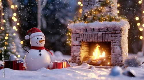 fireplace with snowman and christmas tree element decorations background. seamless looping time-lapse virtual 4k video animation background