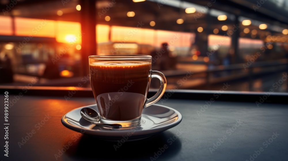 Fototapeta premium Close-up of freshly brewed coffee with milk foam placed on a table with a travel theme backdrop to create a relaxing, resting, or refreshing feeling while drinking coffee.