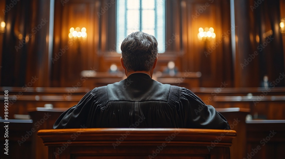 courtroom scene with an judge in a black gown sitting behind the judge's bench emphasizing the principles of justice, fairness, and legal authority