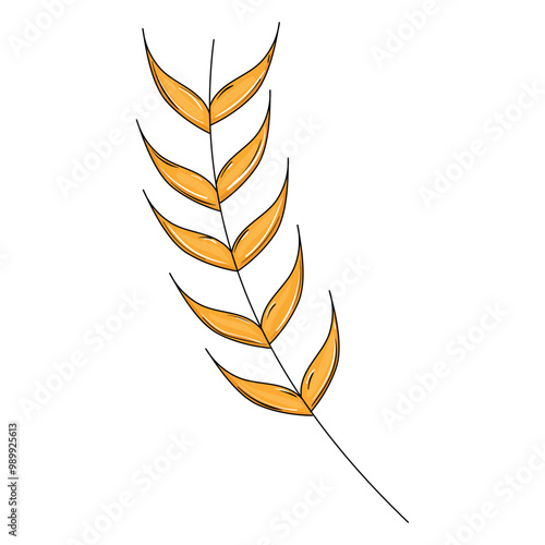Wheat stalk in a simple cartoon style with gold leaves, Vector