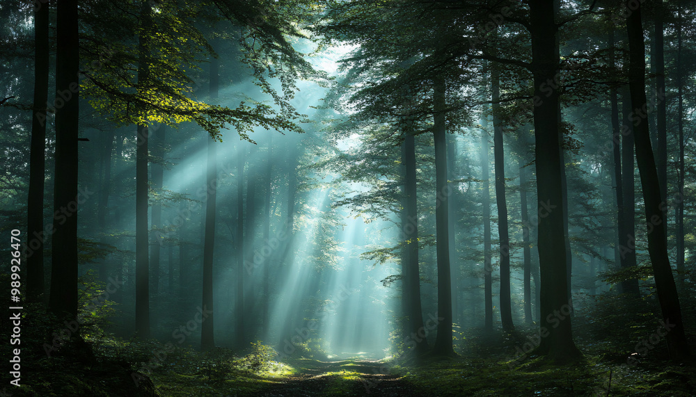 Fototapeta premium Tall, misty trees with sunlight streaming through the branches, creating a magical and mysterious forest atmosphere