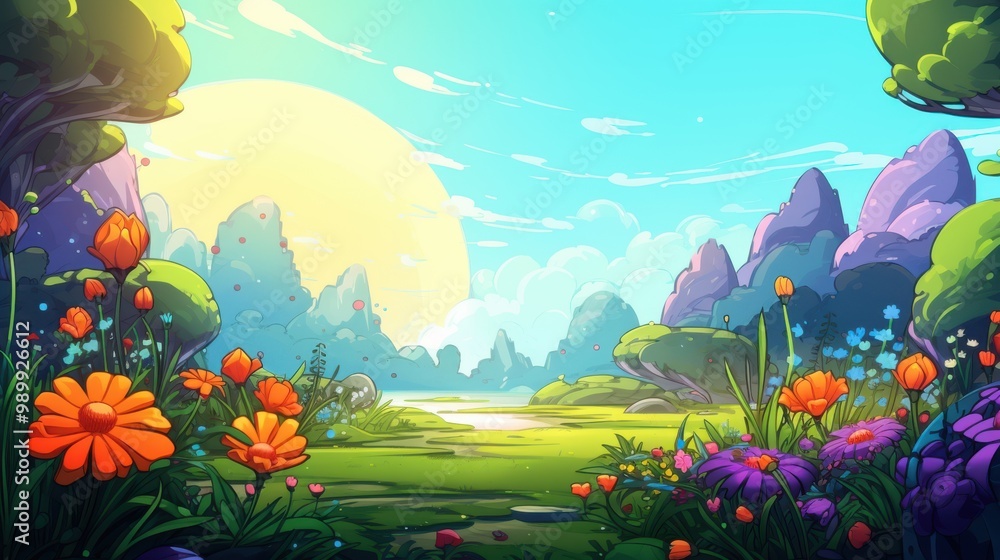 Fototapeta premium A whimsical landscape with colorful flowers and a bright sky
