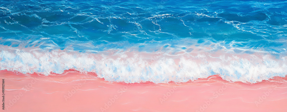 vivid seaside scene where deep blue ocean meets soft pink sandy shore, creating serene and tranquil atmosphere. gentle waves lap against beach, evoking sense of peace and relaxation vivid seaside scene where deep blue ocean meets soft pink sandy shore, creating serene and tranquil atmosphere. gentle waves lap against beach, evoking sense of peace and relaxation