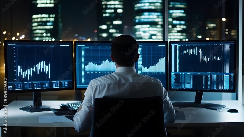 A Businessman Working Late at Night Analyzing Financial Data on Multiple Monitors A Businessman Working Late at Night Analyzing Financial Data on Multiple Monitors