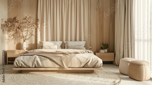 Wallpaper Mural Beige wooden hotel bedroom interior with bed and sofa on carpet, nightstand with decoration and plant. Panoramic window with tulle and curtain. 3D rendering Torontodigital.ca