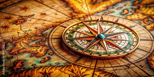 Intricate Compass Rose Design with Cardinal Directions on a Vintage Nautical Map Background