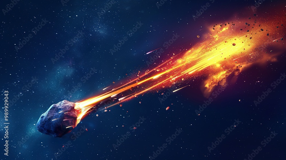 Realistic 3D Illustration of a Burning Comet: Asteroid with Fire Trail in Cosmic Atmosphere Realistic 3D Illustration of a Burning Comet: Asteroid with Fire Trail in Cosmic Atmosphere